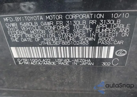 2011 Lexus Ls 460 from USA, damaged, VIN JTHBL5EF8B5102483